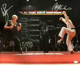The Sports Integrity Ralph Macchio William Zabka Signed 16x20 Karate Kid Face Off Photo JSA captures the iconic showdown between two fighters at the All Valley Karate Championship, with a referee and scoreboard in view.