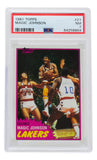 The Magic Johnson 1981 Los Angeles Lakers Topps Basketball Card #21 PSA NM 7 by Sports Integrity features Magic mid-action as two opponents in white jerseys attempt to block him.
