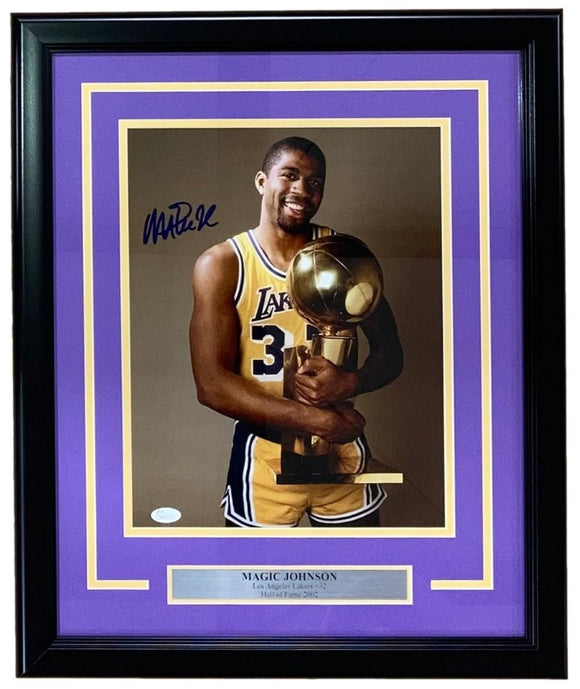 Magic Johnson Signed Framed 11x14 Los Angeles Lakers Trophy Photo JSA Hologram