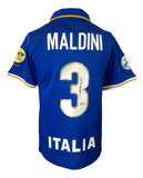 The Sports Integrity Paolo Maldini Signed Italy Nike Blue Soccer Jersey features "MALDINI" and number 3 in white on the back, "ITALIA" at the bottom, and sleeves with Italian color patches.