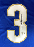 A Paolo Maldini Signed Italy Nike Blue Soccer Jersey by Sports Integrity features a large white and gold number 3, black autograph, and BAS authentication sticker with QR code below the signature.