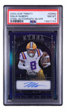 Sports Integrity Malik Nabers Signed 2024 Leaf Trinity #S-MN2 Giants Rookie Card 4/10, graded PSA NM-MT 8, features his autograph and shows him as an LSU Tiger running with the football.