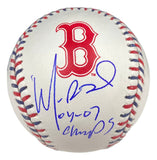 The Sports Integrity Manny Ramirez Signed Boston Red Sox Logo Baseball features a large red B logo, blue autograph, and "04-07 Champs" inscription.