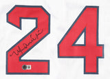 The Sports Integrity Manny Ramirez Boston Signed White 2004 WS MVP Stat Baseball Jersey BAS features an autograph and authentication sticker with QR code on the red and navy-outlined number 24.