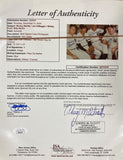 A Sports Integrity framed 11x14 Yankees photo signed by Mickey Mantle, Joe DiMaggio, Whitey Ford, and Billy Martin includes a JSA Letter of Authenticity with details and signatures.