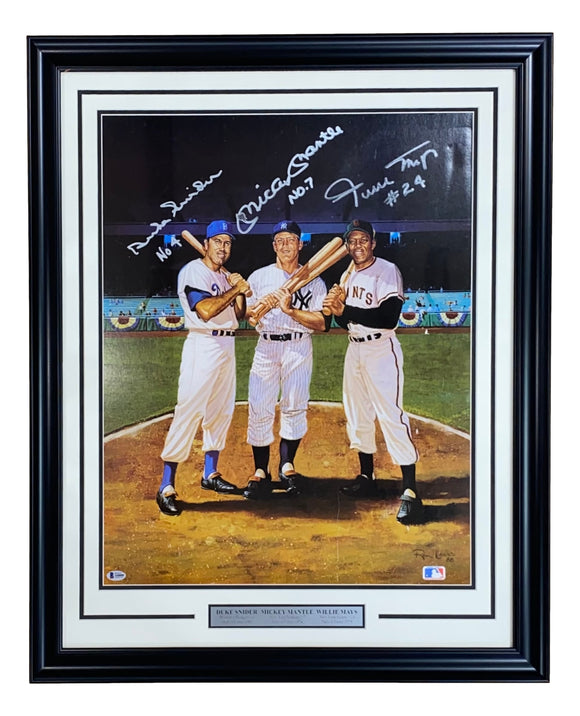 Mickey Mantle Willie Mays Duke Snider Signed Framed 18x24 Lithograph Inscr BAS Sports Integrity