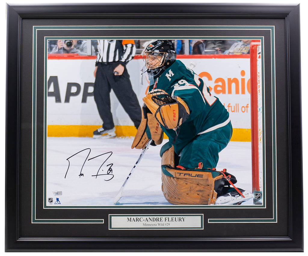 Framed Marc-Andre Fleury Minnesota Wild Autographed 16 x 20 White Jersey  Making Save Photograph