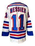 The Sports Integrity Mark Messier New York Signed White Hockey Jersey JSA features blue and red accents, "MESSIER" and number 11 on back and sleeves, plus a signature on the right side of the back number.
