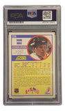 Mark Howe Signed 1991 Score #220 Philadelphia Flyers hockey card by Sports Integrity, authenticated in a PSA/DNA holder. The card features stats, bio, and a headshot of Howe in a helmet with English and French text.