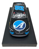 The Sports Integrity Martin Truex Jr Signed 1:24 NASCAR 2021 Darlington Win Die-Cast Car (black/blue No. 19 Toyota Camry) features a large “A” logo, signature, and “TRUEX JR.” on the windshield, displayed on a black base.