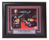 The Sports Integrity Martin Truex Jr Signed Framed 8x10 NASCAR Photo BAS shows Truex in his racing suit beside his Bass Pro Shops car, with his autograph above and a plaque below reading MARTIN TRUEX JR. NASCAR.