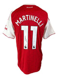 Back view of the red and white Arsenal Adidas soccer jersey by Sports Integrity, featuring Martinelli’s name, number 11 in white, and his signature below the number. Product: Gabriel Martinelli Signed Arsenal Adidas Soccer Jersey 2 BAS.