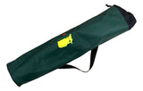 The Sports Integrity Masters Augusta National Golf Course Bag Chair is a green carrying bag with a black strap and drawstring, featuring the yellow Masters logo and red flag on the side.