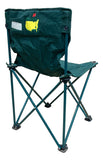 The Sports Integrity Masters Augusta National Golf Course Bag Chair features a green foldable design, metal legs and armrests, plus a yellow U.S. map with "Masters" on the backrest, viewed from behind at an angle.