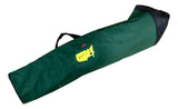 The Masters Augusta National Golf Course Bag Chair by Sports Integrity features a green carrying bag with a black end and handle, plus a yellow map-shaped logo with a red flag, evoking the iconic golf tournament.