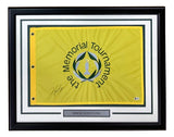 The Sports Integrity Hideki Matsuyama Signed Framed The Memorial Tournament Golf Flag (BAS E68601) features a yellow flag with the trophy logo, signed in black, and includes a nameplate labeled “Hideki Matsuyama.”.