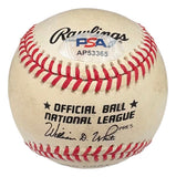 A Willie Mays San Francisco Giants signed National League baseball by Sports Integrity, featuring red stitching, PSA authentication (AP53365), and the printed signature of NL president William D. White.
