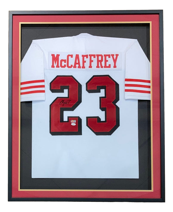 Christian McCaffrey San Francisco Signed Framed White Football Jersey JSA - Sports Integrity