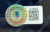 A round holographic sticker with a blue and red shield, the word AUTHENTICATED, QR code, and serial number BJ48652 on white background is affixed to the Sports Integrity Conor McGregor Signed Framed 16x24 UFC Nate Diaz Fight Photo.