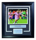 The Sports Integrity Lionel Messi Framed 8x10 Inter Miami 1st Goal Photo features Messi celebrating on the field in pink, with a laser engraved signature and plaque reading "Lionel Messi Inter Miami CF #10" below.