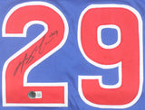 A close-up of the Sports Integrity Michael Busch Chicago Signed Blue Baseball Jersey BAS shows a bold red-and-white number 29 with a black autograph on the left side of the 2 and an authentication sticker underneath.