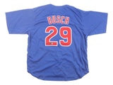The Michael Busch Chicago Signed Blue Baseball Jersey by Sports Integrity features BUSCH and #29 in red and white on the back, with his signature on the number. The jersey is blue and laid flat with the back facing up.