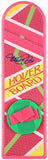 The Sports Integrity Michael J. Fox Signed Back To The Future Replica Hover Board BAS features pink with green/yellow stripes, red dots, “HOVER BOARD” text, a green circular footpad with pink strap, and a blue signature on the top left.
