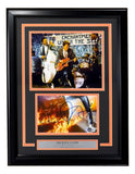 The Sports Integrity Michael J Fox Signed Framed Cut Signature features an autograph, a plaque, and an 8x10 “Back to the Future” photo in a display reminiscent of the iconic movie scene.
