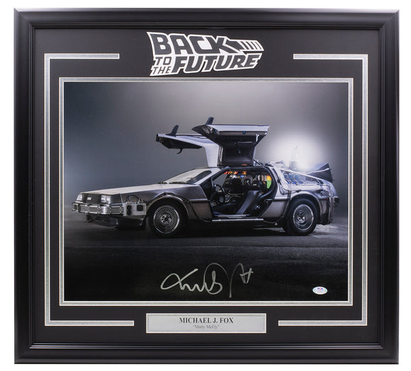 Michael J. Fox Signed Framed 16x20 Back to the Future Delorean Car Photo PSA Sports Integrity