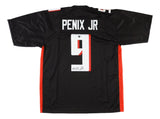 The Sports Integrity Michael Penix Jr Atlanta Signed Black Football Jersey BAS features red and white accents, “PENIX JR” and number 9 on the back, with the number 9 autographed in black ink.