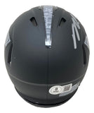 The Sports Integrity Michael Vick Signed Virginia Tech Hokies Matte Black Mini Speed Helmet features rear vents, a central gray stripe, white signature, and certification stickers near the base.