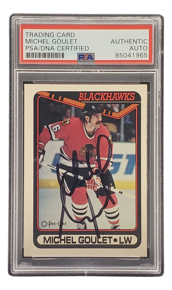 Michel Goulet Signed 1990 O-Pee-Chee #329 Chicago Blackhawks Hockey Card PSA/DNA Sports Integrity