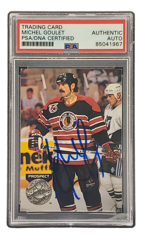 Michel Goulet Signed 1992 Pro Set #166 Chicago Blackhawks Hockey Card PSA/DNA