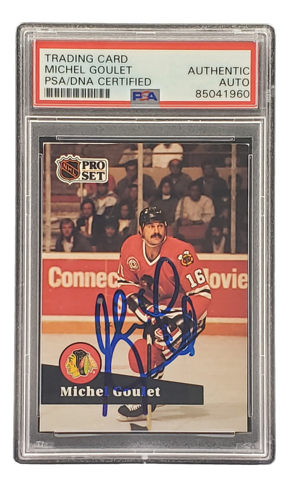 Michel Goulet Signed 1991 Pro Set #50 Chicago Blackhawks Hockey Card PSA/DNA
