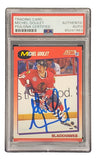 The Sports Integrity Michel Goulet Signed 1991 Score #201 Chicago Blackhawks Hockey Card is PSA/DNA certified (#85041963) and features Goulet in a red Blackhawks uniform mid-action.