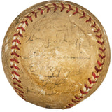 A Sports Integrity Cyclone baseball featuring 22 faded autographs, including Mickey Mantle’s rookie signature from the 1952 Yankees. The worn surface and red stitching show age; signatures are hard to read. PSA/DNA LOA included.