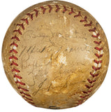 A vintage Sports Integrity baseball, the "Mickey Mantle Rookie Sig 1952 Yankees (22) Signed Cyclone Baseball PSA/DNA LOA," features faded red stitching and several barely visible signatures across its surface.