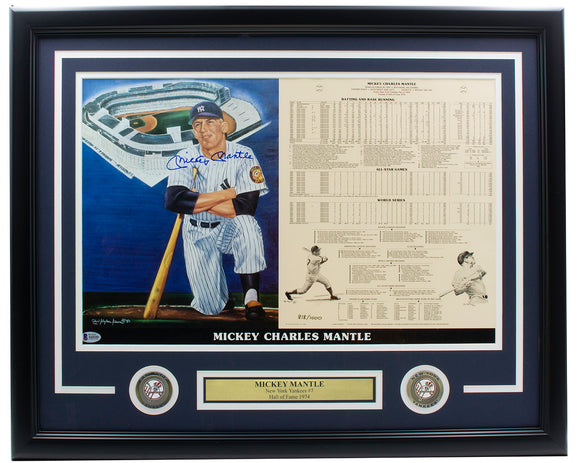 Mickey Mantle Signed Framed New York Yankees 14x21 LE Career Record BAS Auto 10 Sports Integrity