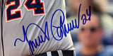 A close-up of a gray Detroit Tigers jersey with number 24, autographed by Miguel Cabrera in blue, is featured in this 16x20 Sports Integrity photo (JSA ITP); a blurred figure in sunglasses appears in the background.