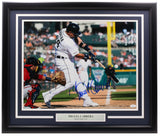The Sports Integrity Miguel Cabrera Signed Framed 16x20 Detroit Tigers Baseball Photo (JSA ITP) features Cabrera batting with a catcher and umpire behind him, his autograph, and a nameplate.