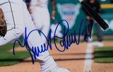 A close-up of a Detroit Tigers player’s legs running in white pants, with Miguel Cabrera’s bold autograph across the 16x20 signed photo by Sports Integrity, featuring a bat on the right and JSA ITP authentication.
