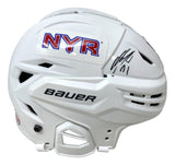 This Sports Integrity Bauer helmet is full-size, authentic, and white, featuring a red, white, and blue NY Rangers logo sticker with Mika Zibanejad's autograph above the logo (JSA authenticated).