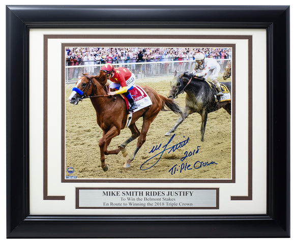 Mike Smith Signed Framed 8x10 to Win Belmont Stakes Photo Inscribed Steiner Holo