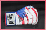 The Sports Integrity Mike Tyson Signed USA Right Hand Cleto Reyes Boxing Glove is displayed in a shadowbox, featuring the American flag design and a bold autograph on the front. JSA ITP authenticated.