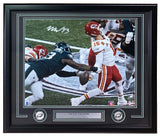 The Sports Integrity Milton Williams Signed Framed 16x20 Eagles SB 59 Mahomes Strip Sack Photo (BAS) features Eagles logos, a nameplate, and two commemorative coins.