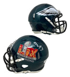 The Milton Williams Signed Philadelphia Eagles Super Bowl 59 Mini Speed Helmet by Sports Integrity features the team's dark green color, black faceguard, and a silver autograph, commemorating their Super Bowl victory.