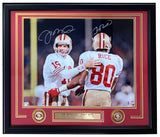 The Sports Integrity Joe Montana Jerry Rice Signed Framed 16x20 San Francisco 49ers Photo by Fanatics features autographs from both legends, team logos, and a plaque beneath the image.
