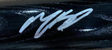 A glossy black Louisville Slugger bat by Sports Integrity, signed in white by Mookie Betts of the Los Angeles Dodgers, features stylized initials/signature and reflective streaks; authenticated by JSA.
