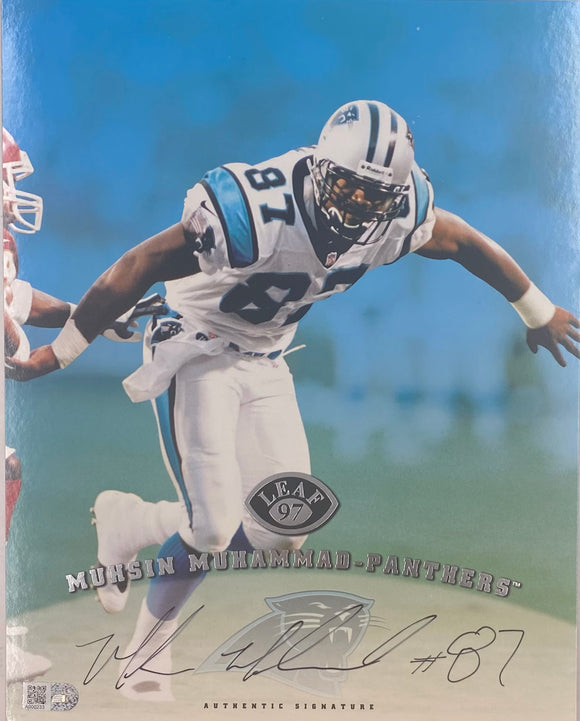 Muhsin Muhammad Signed 8x10 Carolina Panthers 1997 Leaf Trading Card BAS Sports Integrity