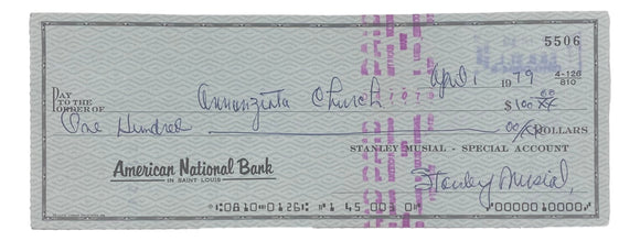 Stan Musial St. Louis Cardinals Signed Personal Bank Check #5506 BAS Sports Integrity